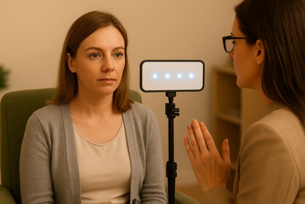 Photo of client using light bar as part of EMDR Therapy